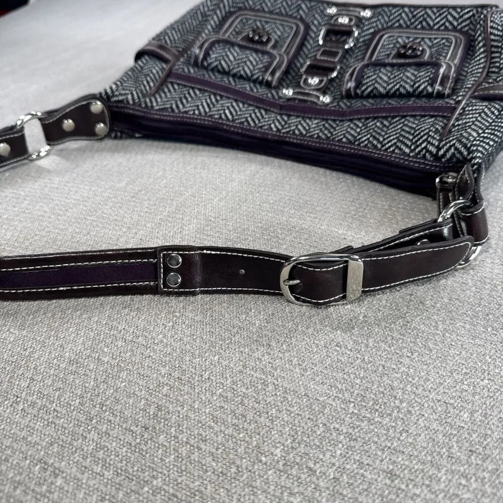 Vtg 90s Apt 9 Herringbone Shoulder Bag with Leather Trim Pockets Purse Handbag